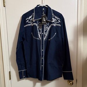 Men's Dark Blue Embroidered Casual Shirt